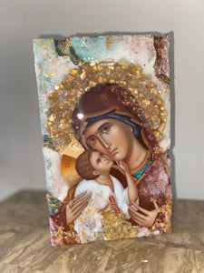 Mother Mary & baby Jesus religious icon block
