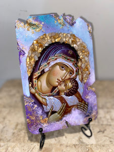 Mary with baby Jesus with citrine gemstone- Panagia- religious wood epoxy resin handmade icon art - Only 1 off - Original
