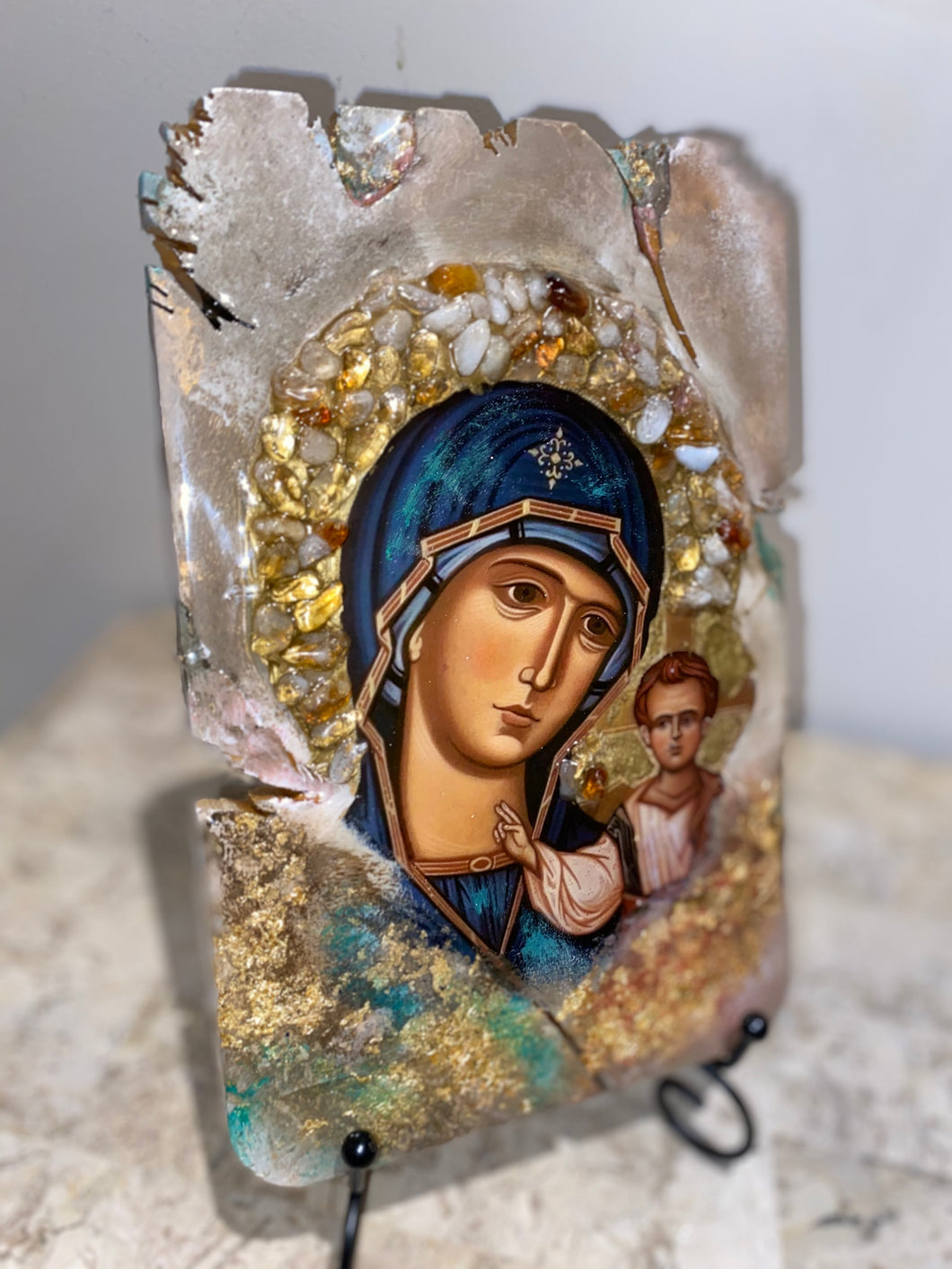 Mother Mary & baby Jesus with citrine gemstone religious icon