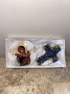 Gift Set - Mother Mary Icon & Blue quartz Gemstone Cross