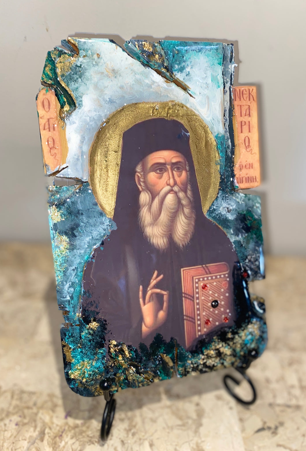 Saint Nektarios religious wood epoxy resin handmade icon art - Only 1 off - Original