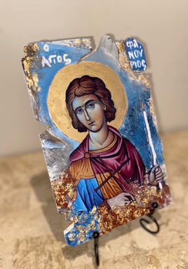 Saint Fanourios - religious wood epoxy resin handmade icon art - Only 1 off - Original