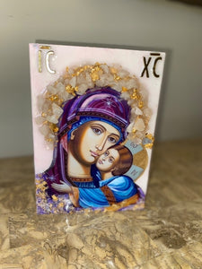 Mother Mary & baby Jesus with natural rose quartz gemstones religious icon