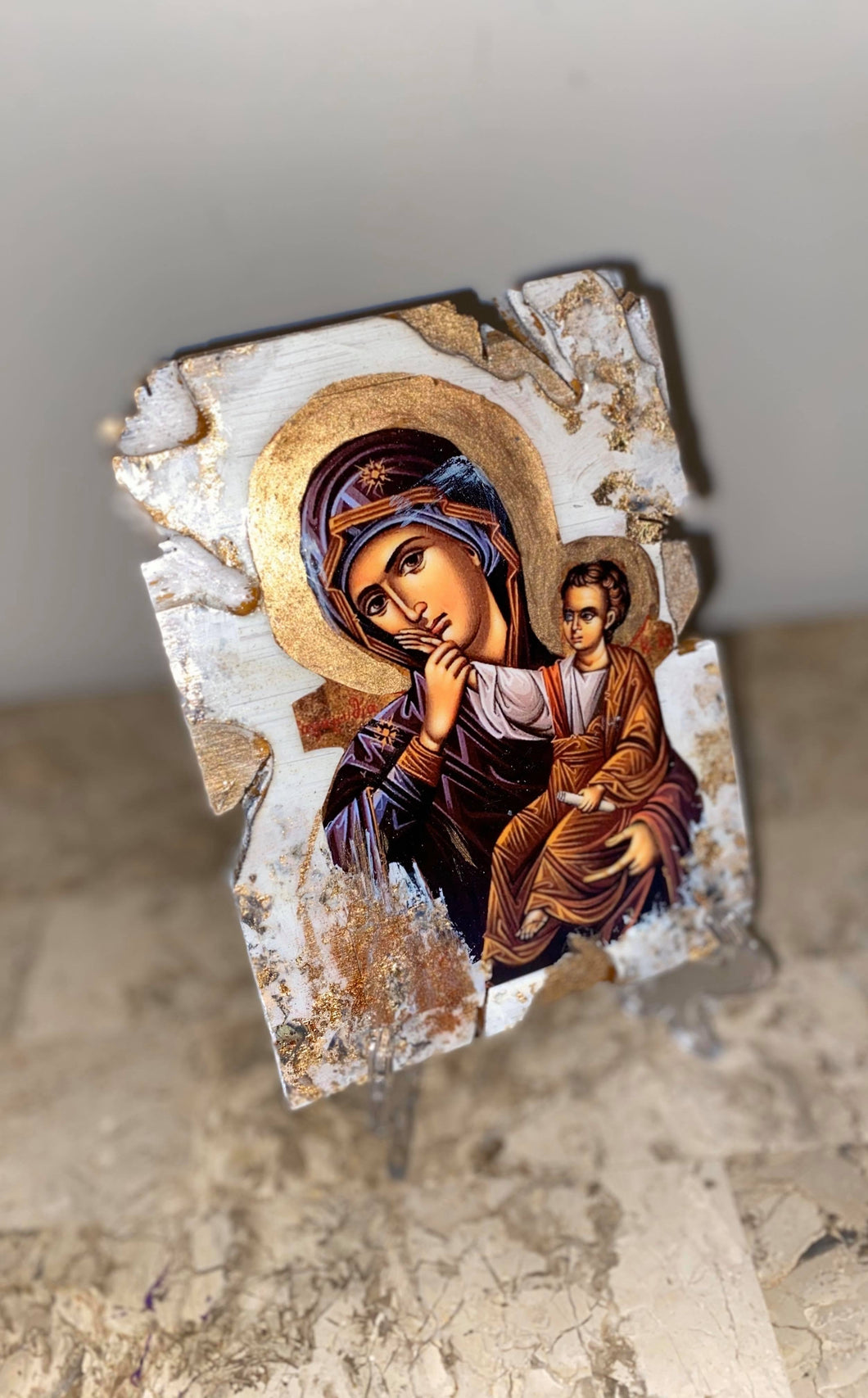 Mary with baby Jesus - Panagia- religious wood epoxy resin handmade icon art - Only 1 off - Original xsmall size
