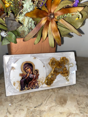 GIFT SET Mother Mary Icon & Citrine Gemstone Cross