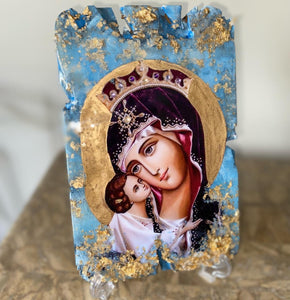 Mother Mary  Panagia- religious wood epoxy resin handmade icon art - Only 1 off - Original