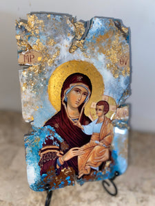 Mary with baby Jesus - Panagia- religious wood epoxy resin handmade icon art - Only 1 off - Original