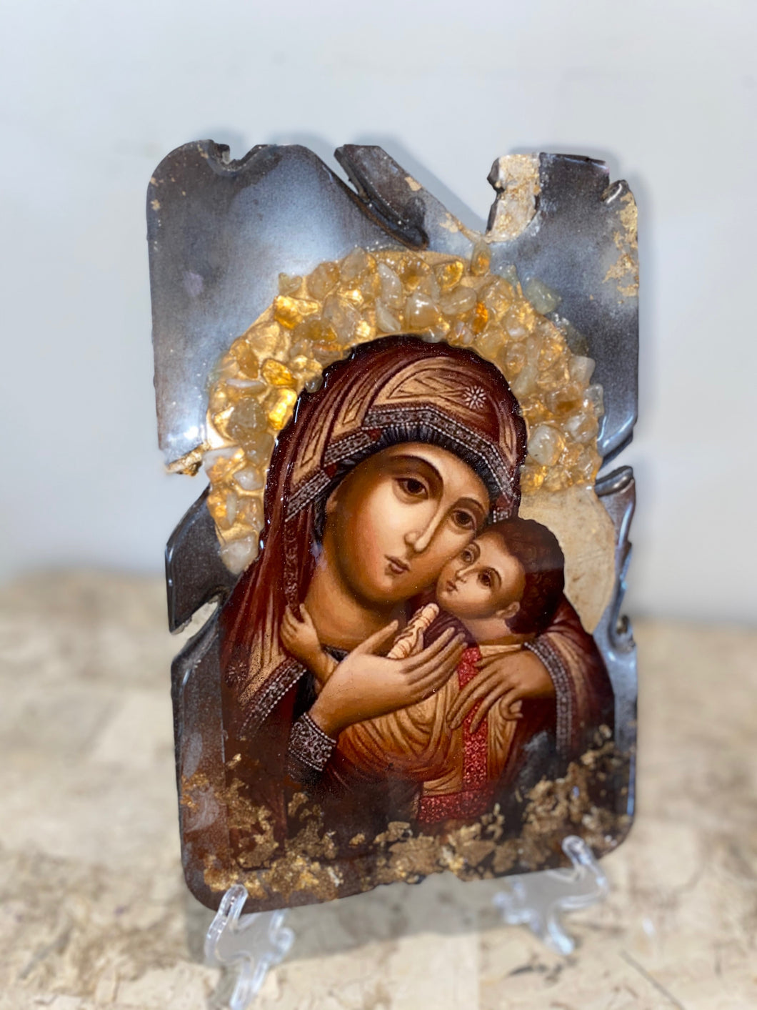 Mother Mary & baby Jesus with citrine gemstone religious icon