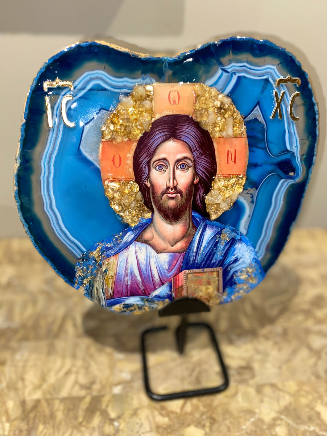 Extra Large natural genuine gemstone slice Jesus Christ religious icon with  citrine gemstones