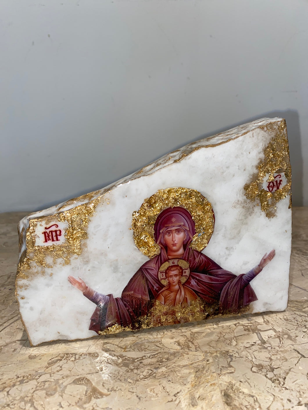 White marble Mother Mary -  with Jesus Christ- religious stone epoxy resin handmade icon art - Only 1 off - Original