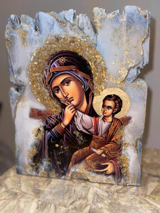Medium Mother Mary & baby Jesus religious icon with natural citrine gemstones