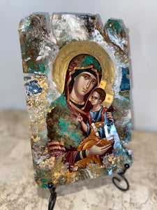 Mary with baby Jesus - Panagia- religious wood epoxy resin handmade icon art - Only 1 off - Original