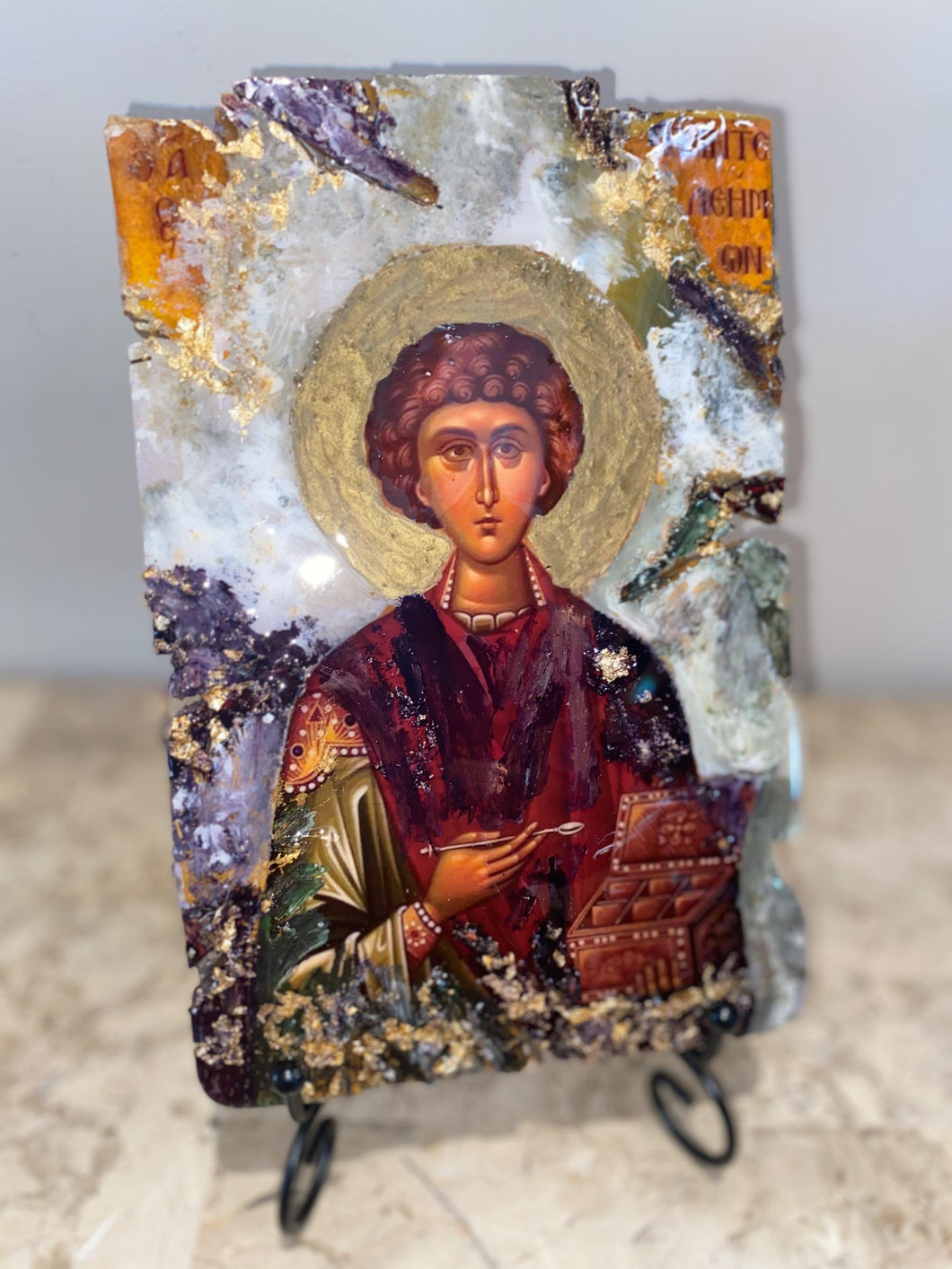 Saint Panteleimon- religious wood epoxy resin handmade icon art - Only 1 off - Original