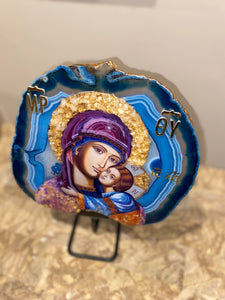 Extra Large natural genuine gemstone slice Mother Mary with Baby Jesus Christ religious icon with citrine gemstones -