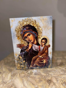 Mother Mary & baby Jesus religious icon with natural citrine gemstones -