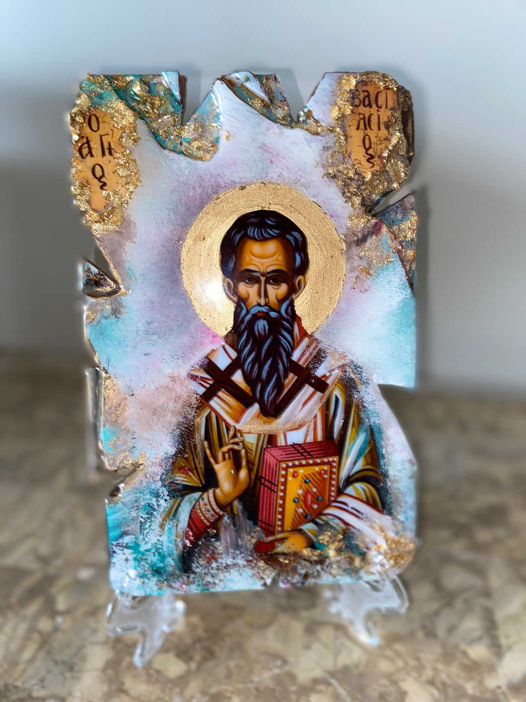 Saint Basil / Vasilios - religious wood epoxy resin handmade icon art - Only 1 off - Original
