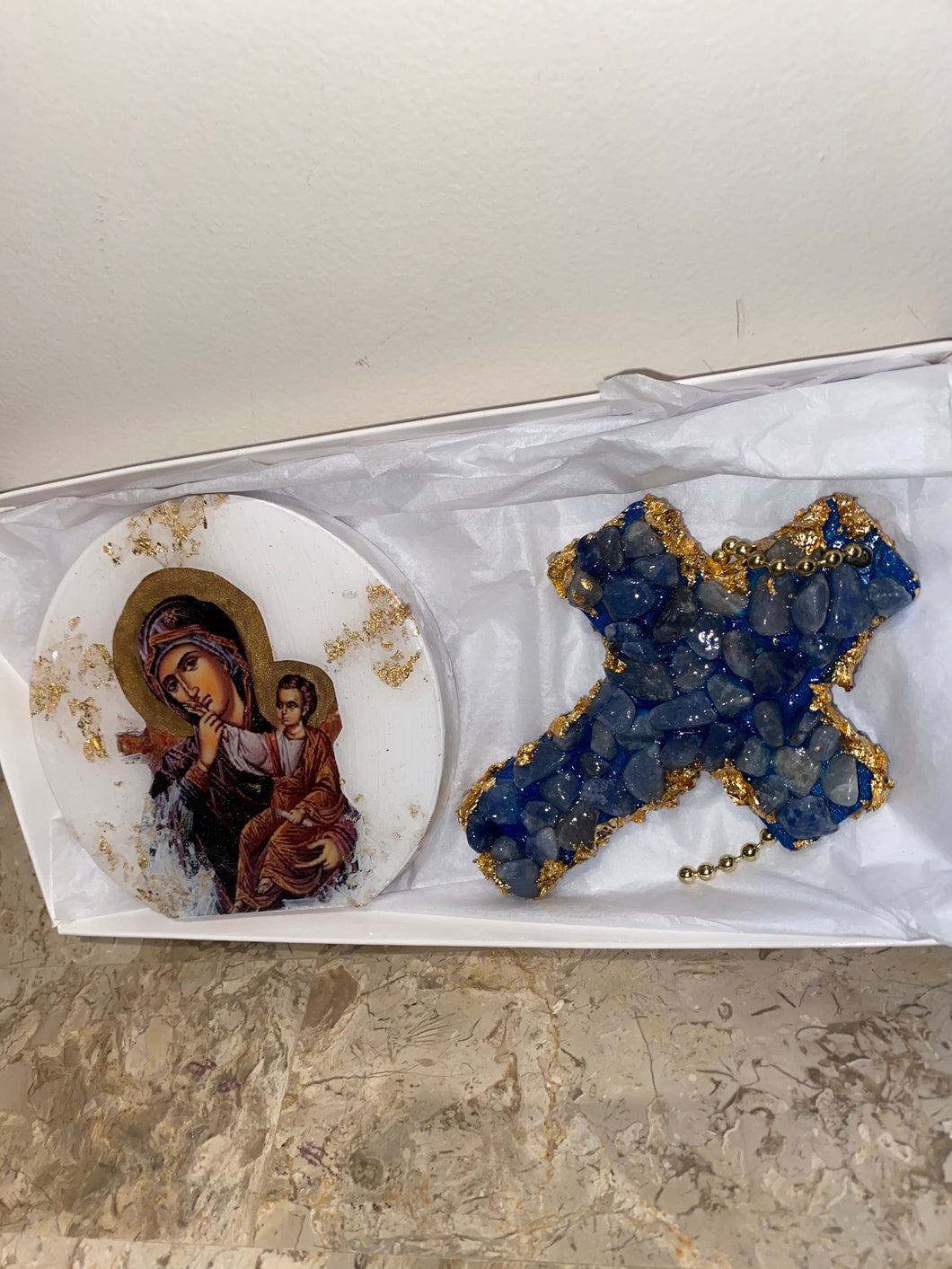Gift Set - Mother Mary Icon & Blue quartz Gemstone Cross