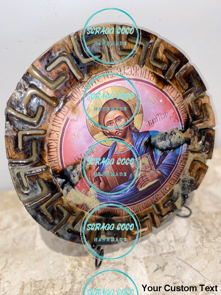 Jesus Christ Religious Greekkey Wood Epoxy Resin Handmade Icon Art - Only 1 Off Original