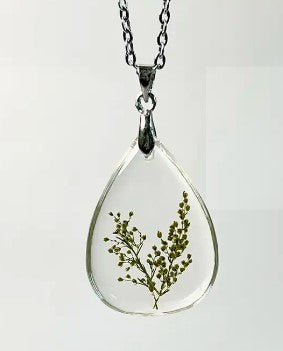 Botanical necklace -pressed fern leaf necklace stainless steel resin flower necklace